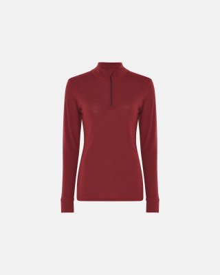 Langærmet t-shirt "half zip" | 100% merino uld | Rød