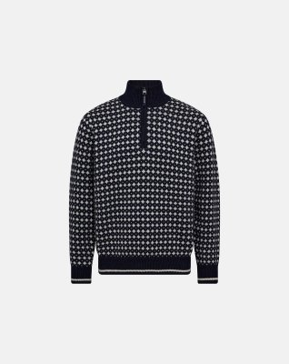 Pullover "half zip", 100% uld, Navy/beige