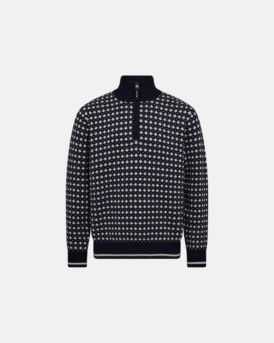 Dovre Pullover "half zip"| 100% uld | Navy/beige - S
