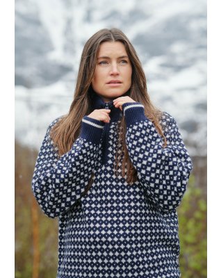 Pullover "half zip", 100% uld, Navy/beige