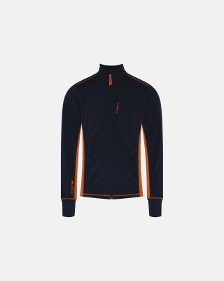 Langærmet t-shirt "full zip" | 100% merino uld | Navy/orange