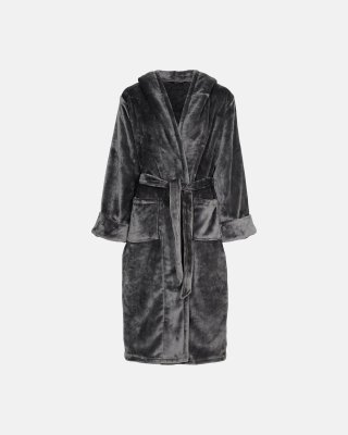 Lang badekåbe med hætte | 100% polyester | Grå