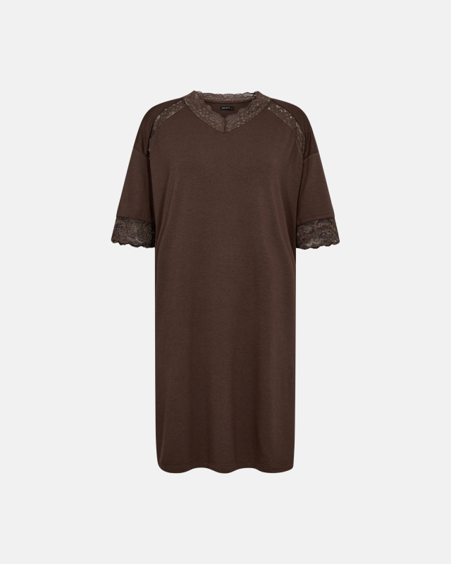 Kortærmet natkjole m. blonde | Bambusviskose | Brun