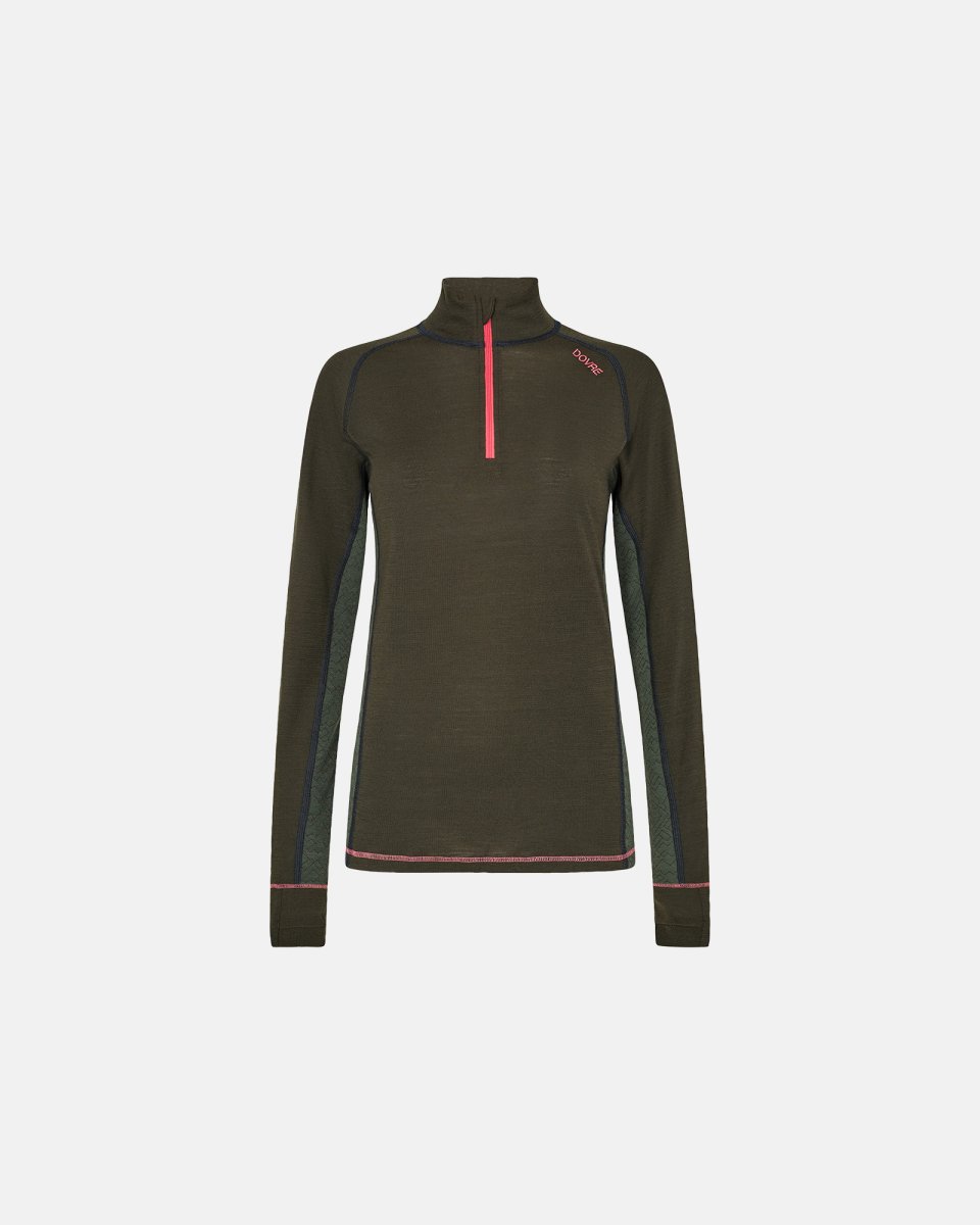 Dovre Women Langærmet undertrøje "half zip" | 100% uld | Grøn - S