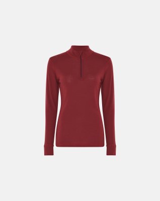 Langærmet t-shirt "half zip", 100% merino uld, Rød