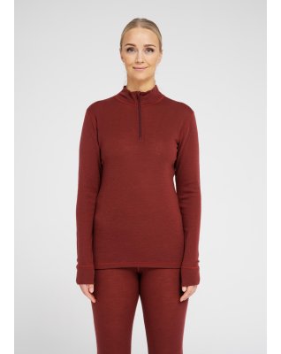 Langærmet t-shirt "half zip", 100% merino uld, Rød