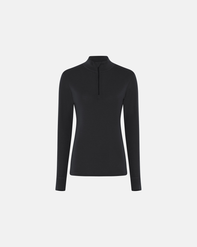 Langærmet t-shirt "half zip" | 100% merino uld | Sort