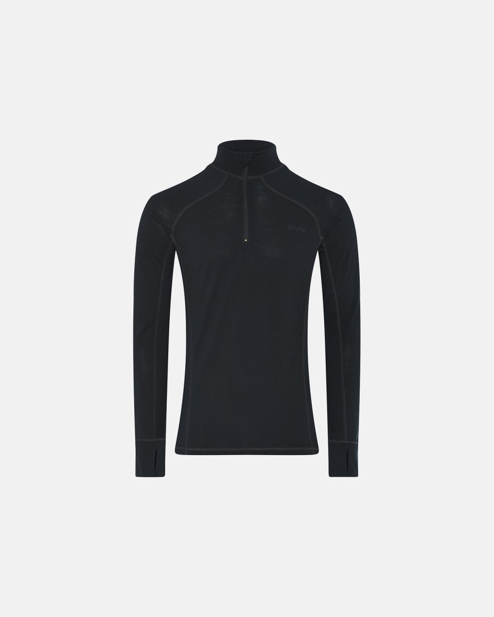 Dovre Langærmet t-shirt "half zip" | 100% merino uld | Sort - S