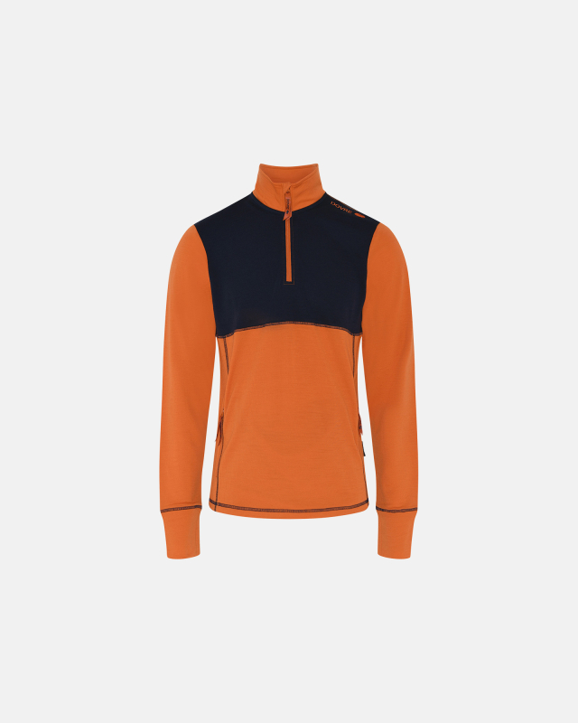 Langærmet t-shirt "half zip" | 100% merino uld | Orange/navy