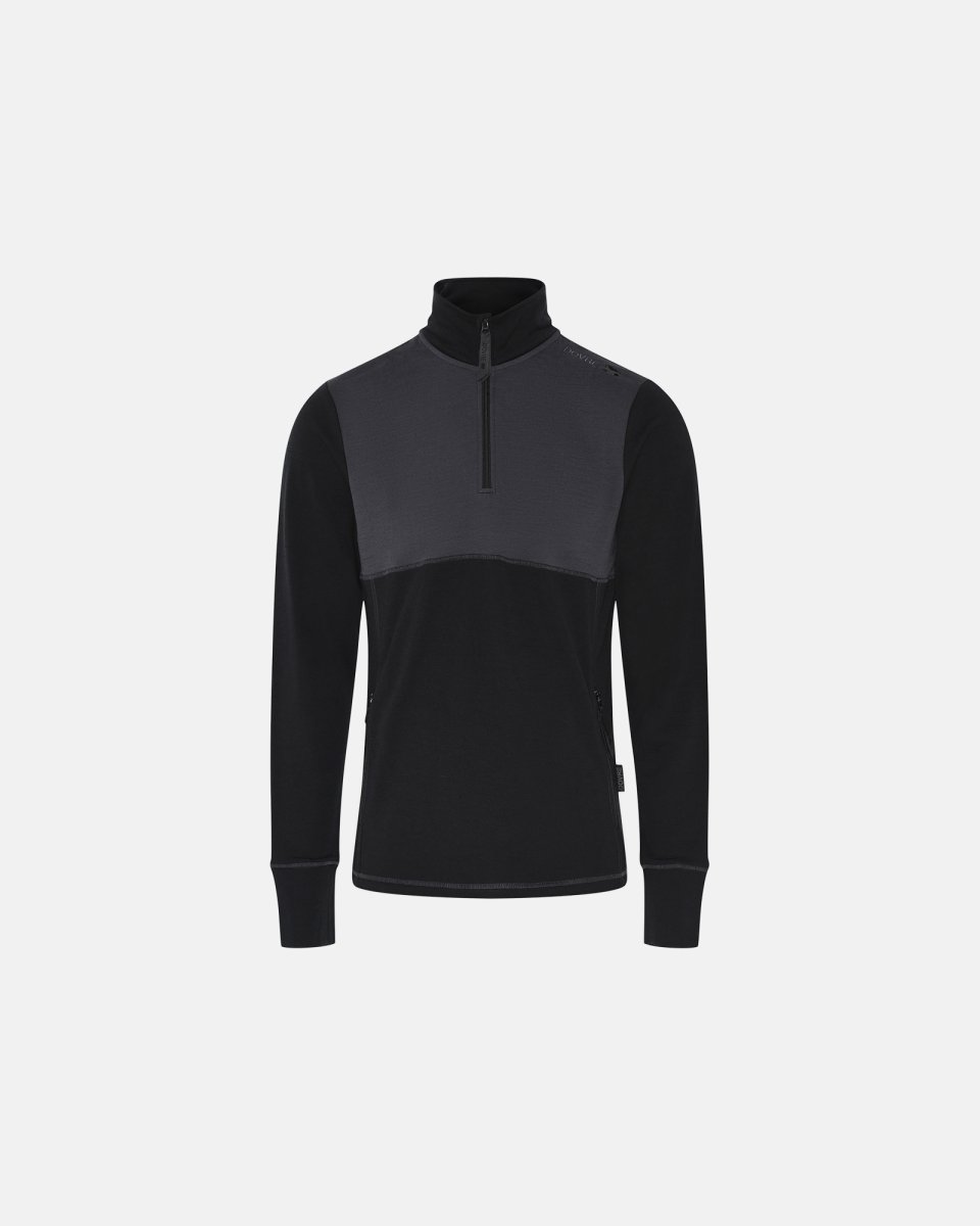 Dovre Langærmet t-shirt "half zip" | 100% merino uld | Sort/grå - S