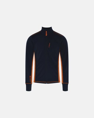 Langærmet t-shirt "full zip", 100% merino uld, Navy/orange