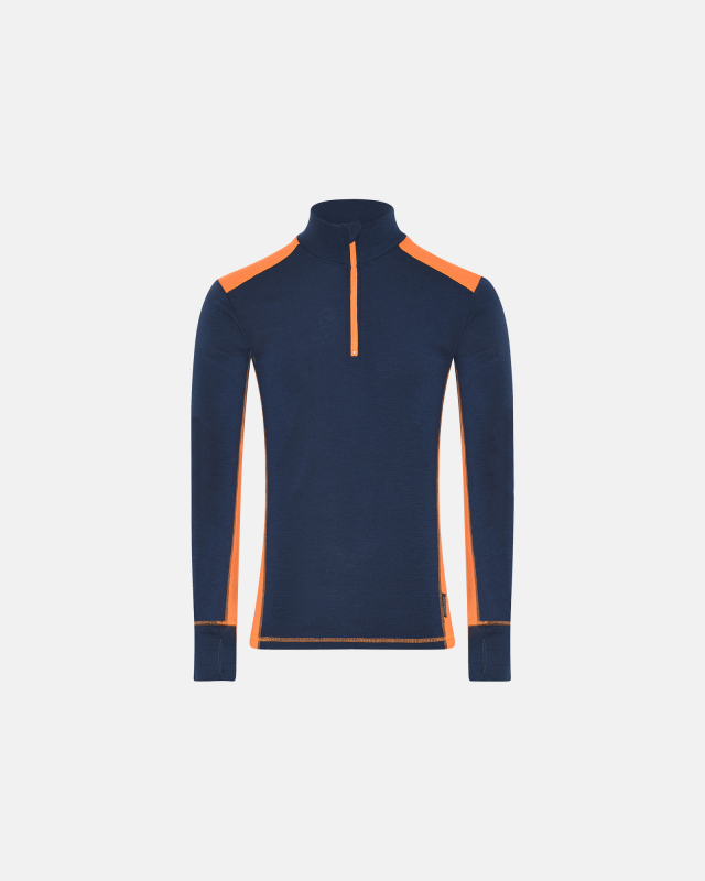 Langærmet t-shirt "half zip" | 100% merino uld | Navy/orange