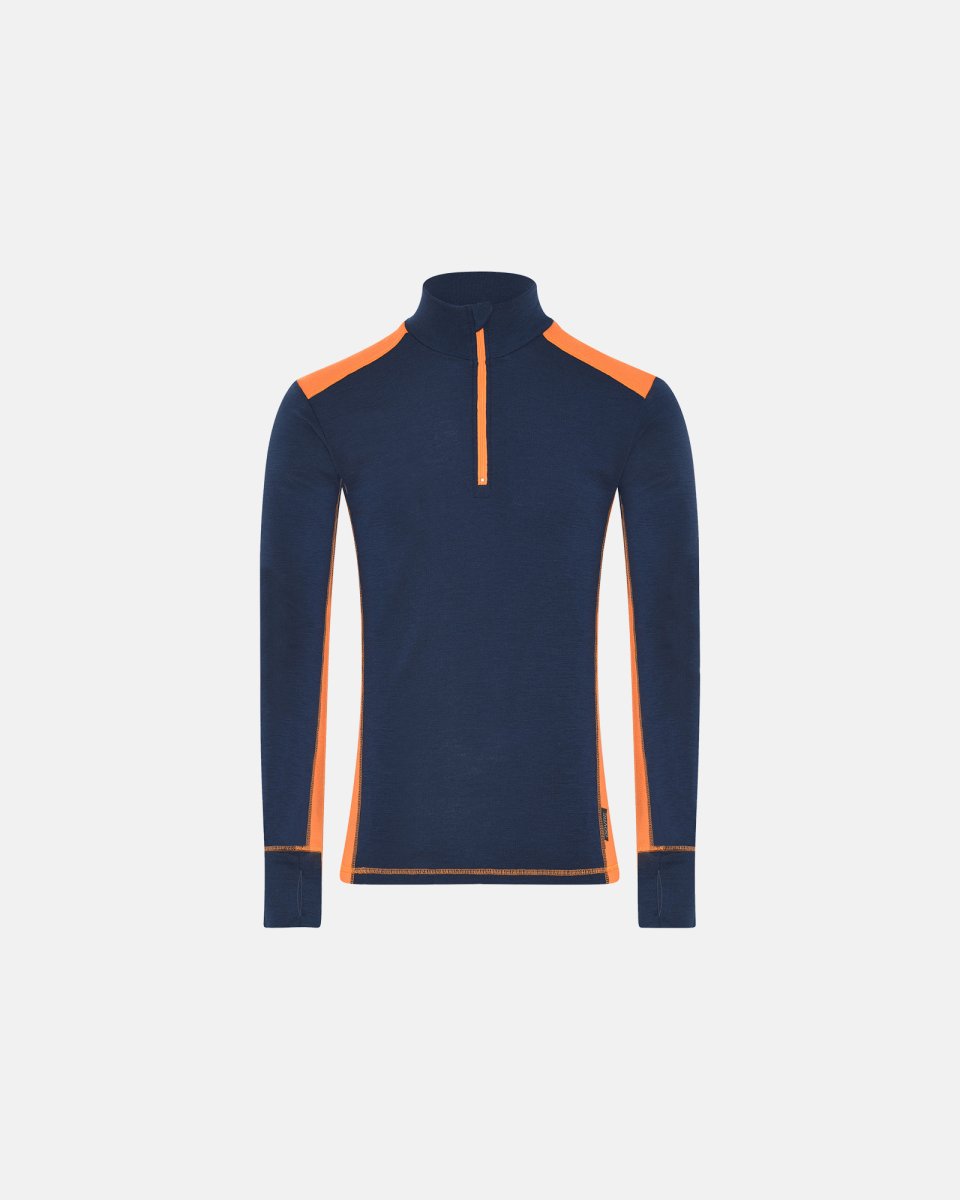 Dovre Langærmet t-shirt "half zip" | 100% merino uld | Navy/orange - S