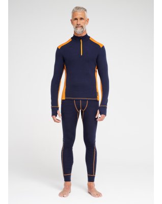Langærmet t-shirt "half zip" | 100% merino uld | Navy/orange -Dovre