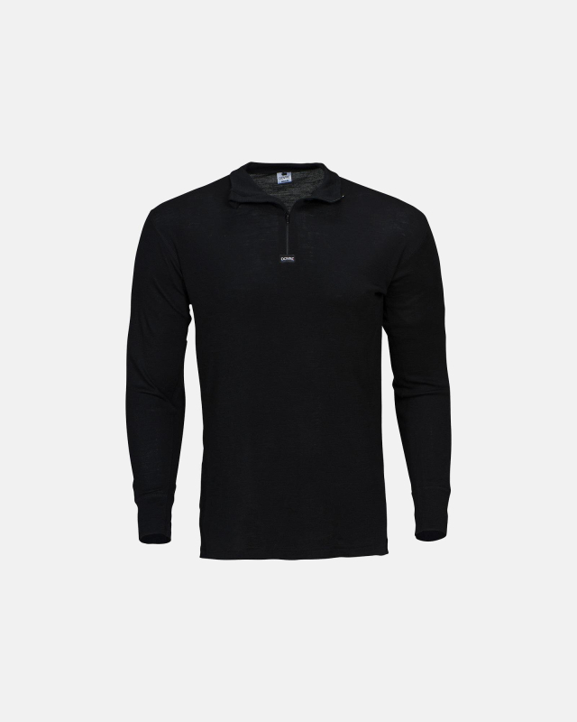 Langærmet t-shirt "half zip" | 100% merino uld | Sort