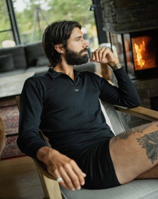 Langærmet t-shirt "half zip", 100% merino uld, Sort