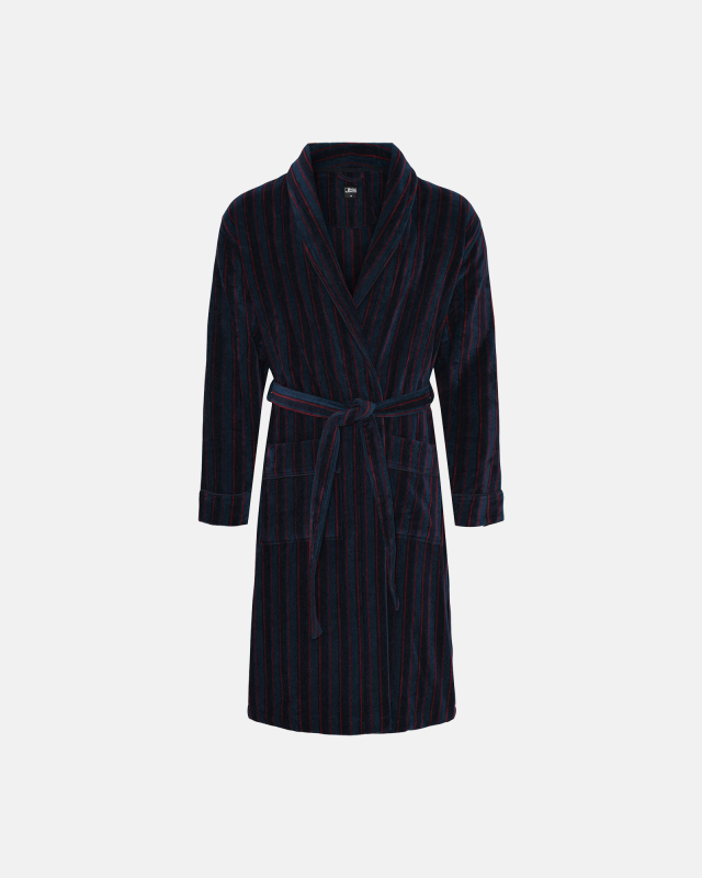 JBS badekåbe i velour med røde striber i blå til herre